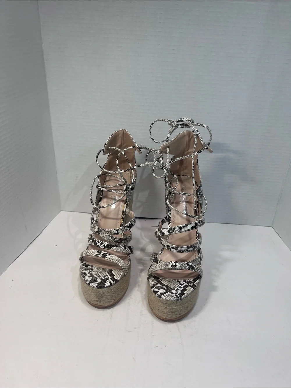 Fashion Nova Black & White Snake-Print Lace-Up Espadrille Wedges